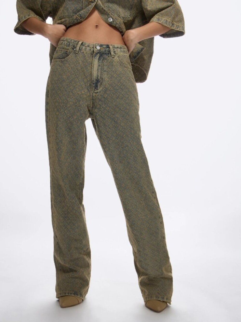 Olive Green Diamond Textured Pattern Denim Straight Leg Jeans
